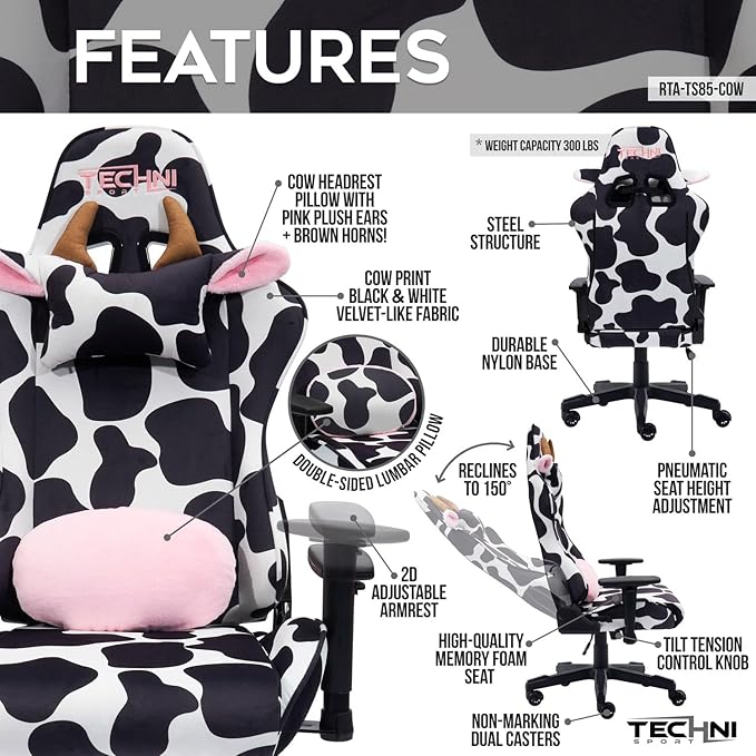 Maykoosh Cow Print Gaming Chair - Reclining Ergonomic Swivel PC Game Chair
