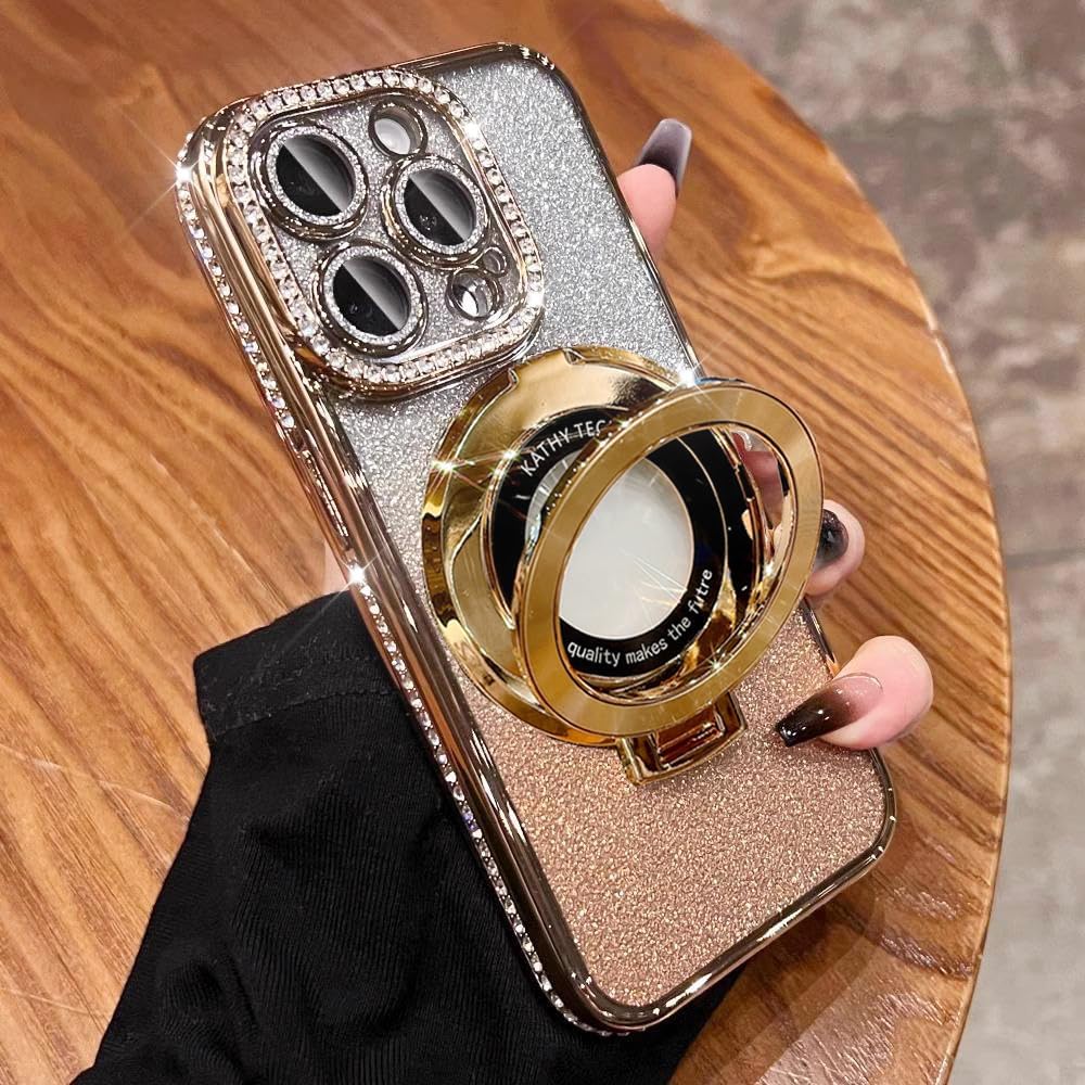 Magnetic Kickstand (Glitter Lens Protector ) Case for iPhone 15 14 13 12 Pro Max (Compatible with Magsafe ) Sparkling Diamond Cover Glitter Shiny Rhinestone Cases (Gold,for iPhone 13 Pro Max)