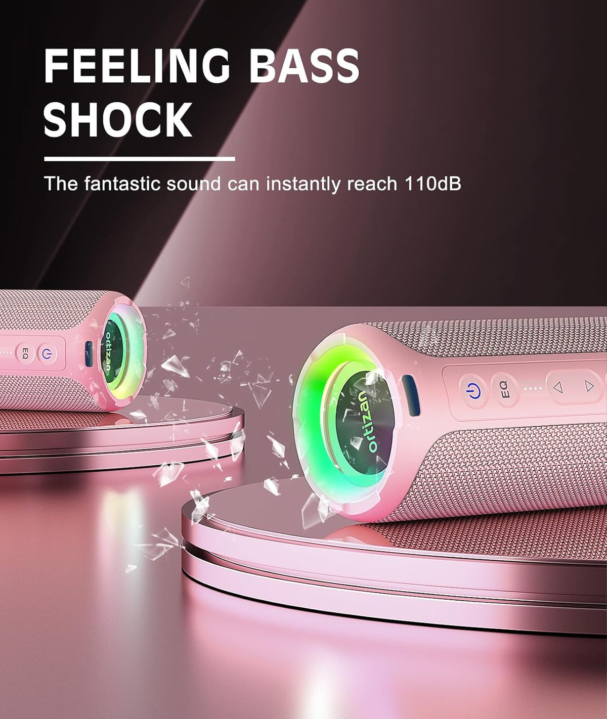 Ortizan Bluetooth Speakers, Portable Wireless Stereo Speaker - IPX7 Waterproof, 30W RMS(40W Peak) Loud Sound, Deep Bass, LED Light, Bluetooth 5.3, for Home/Shower/Outdoor/Beach, Gifts for Adult, Pink