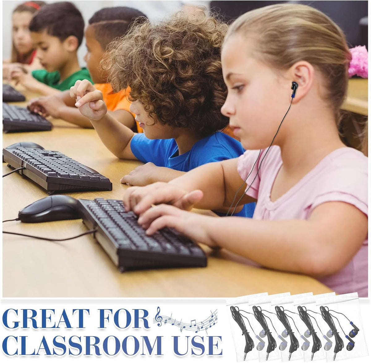 Kanayu 100 Pack Wired Earbuds Bulk for Classroom Ear Headphones Wired Basic Student Earbuds No Microphone with 3.5mm Jack for Kids Class Laptop School Library, Individually Bagged(Dark Blue)