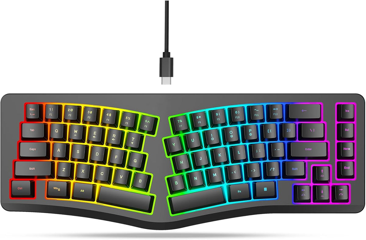 HXMJ Cable,69 -Wired Ergonomic Gaming Keyboard,Mechanical Feel,Detachable USB Keys,RGB Backlit-Black