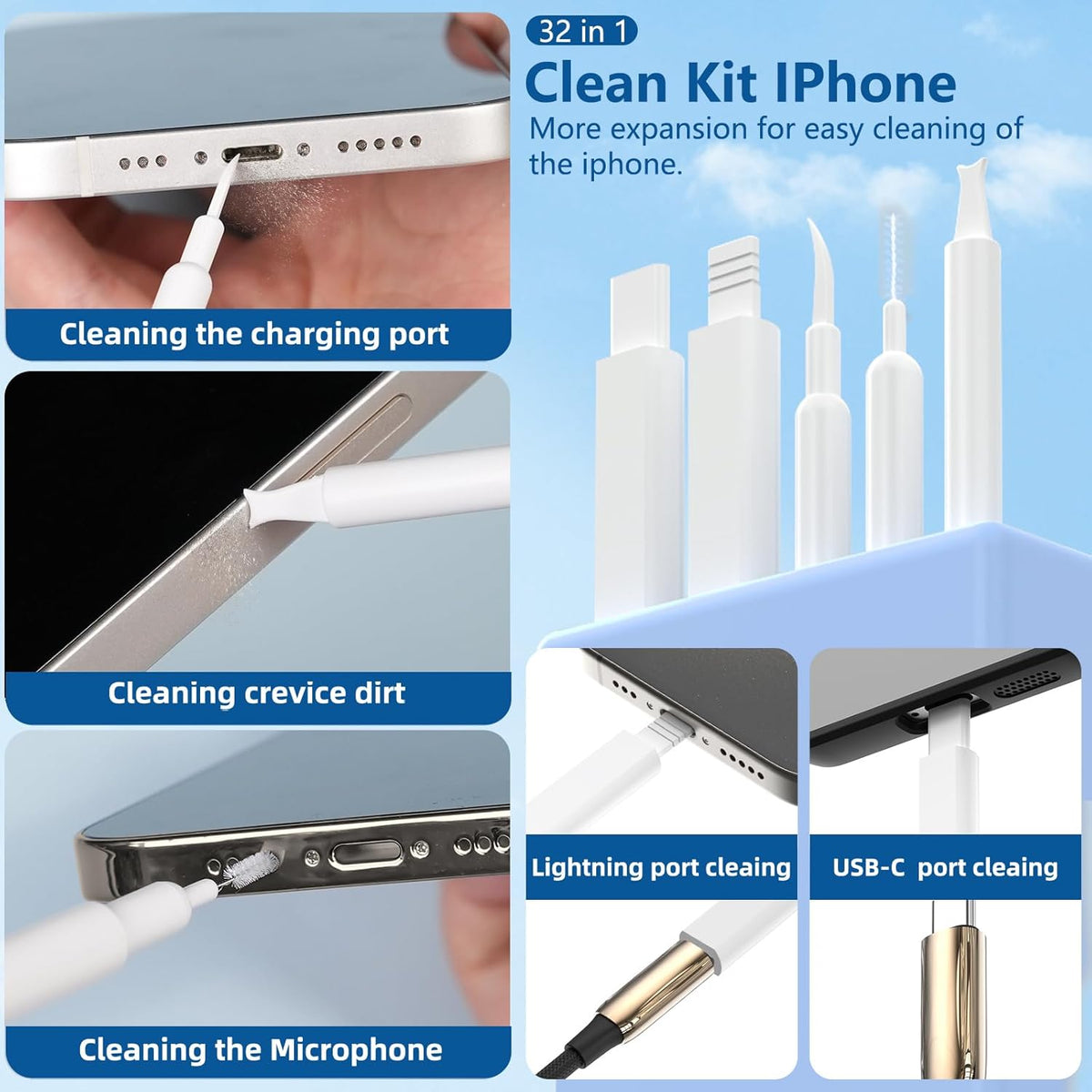Inesore 32 1 in Cell Phone Cleaning kit with Charging Port Cleaner,Stylus Pen,SIM Tool,Keyboard Brush,Speaker