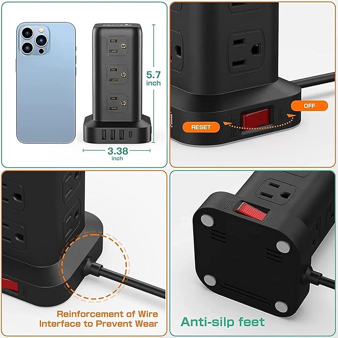 Extension Cord with Multiple Outlets, SMALLRT Power Strip Tower, Outlet Extender with 12 AC Outlets 4 USB, 6.5FT Extension Cord for Home Dorm Room, Office Supplies,Overload Protection