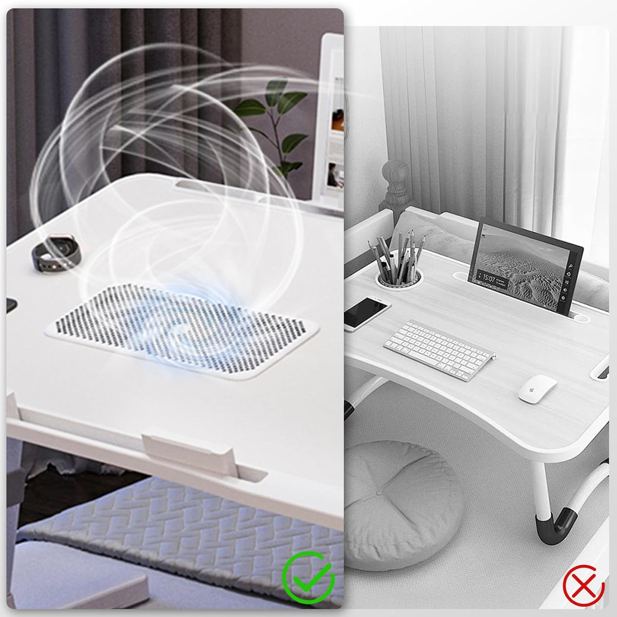 Laptop Lap Desk with Cooling Fan - Adjustable with Light, USB, Storage Drawer - Folding Bed Desk,23.62"*15.74",White