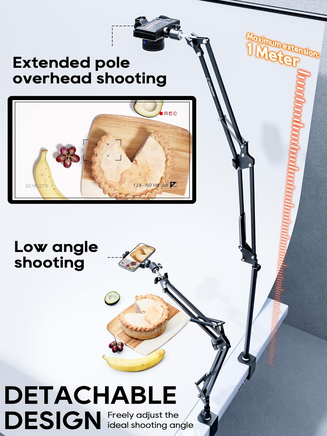 Overhead Camera Mount, 5lb Horizontal Load-Bearing, 360° Adjustable Stand for Desk, Flexible Arm Desk Mount, with Phone Clamp, Tabletop Mount for DSLR Camera/Webcam/Microphone（White
