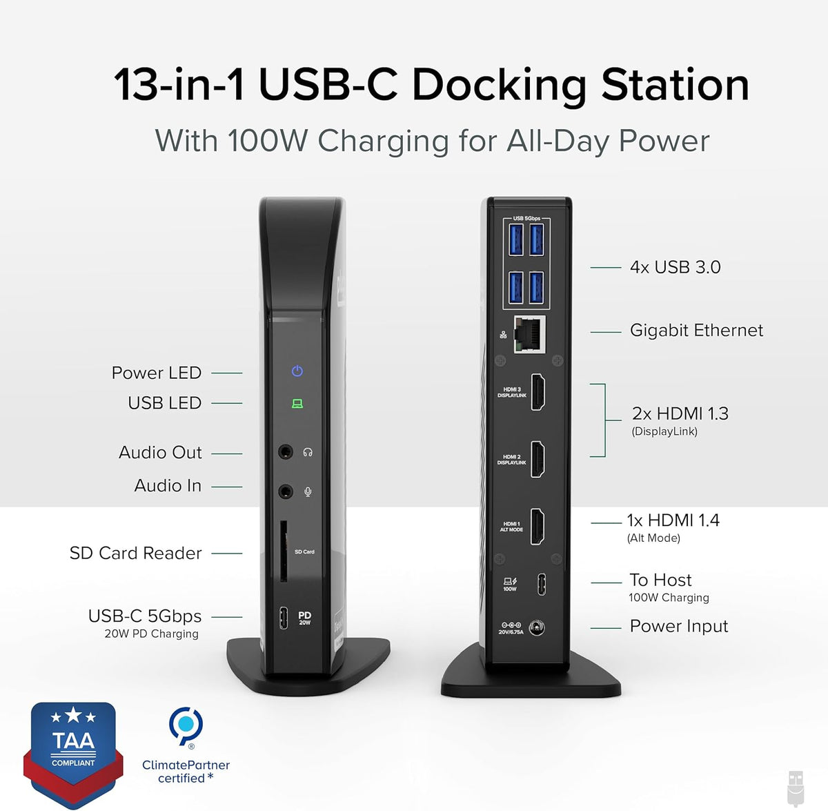 Plugable USB-C Triple Monitor Docking Station: 13-in-1 Laptop Dock with 100W Charging for Mac (DisplayLink Driver Required), Windows, Chrome, 3 HDMI, Gigabit Ethernet, SD, USB-C 20W, 4 USB - UD-ULTCDL