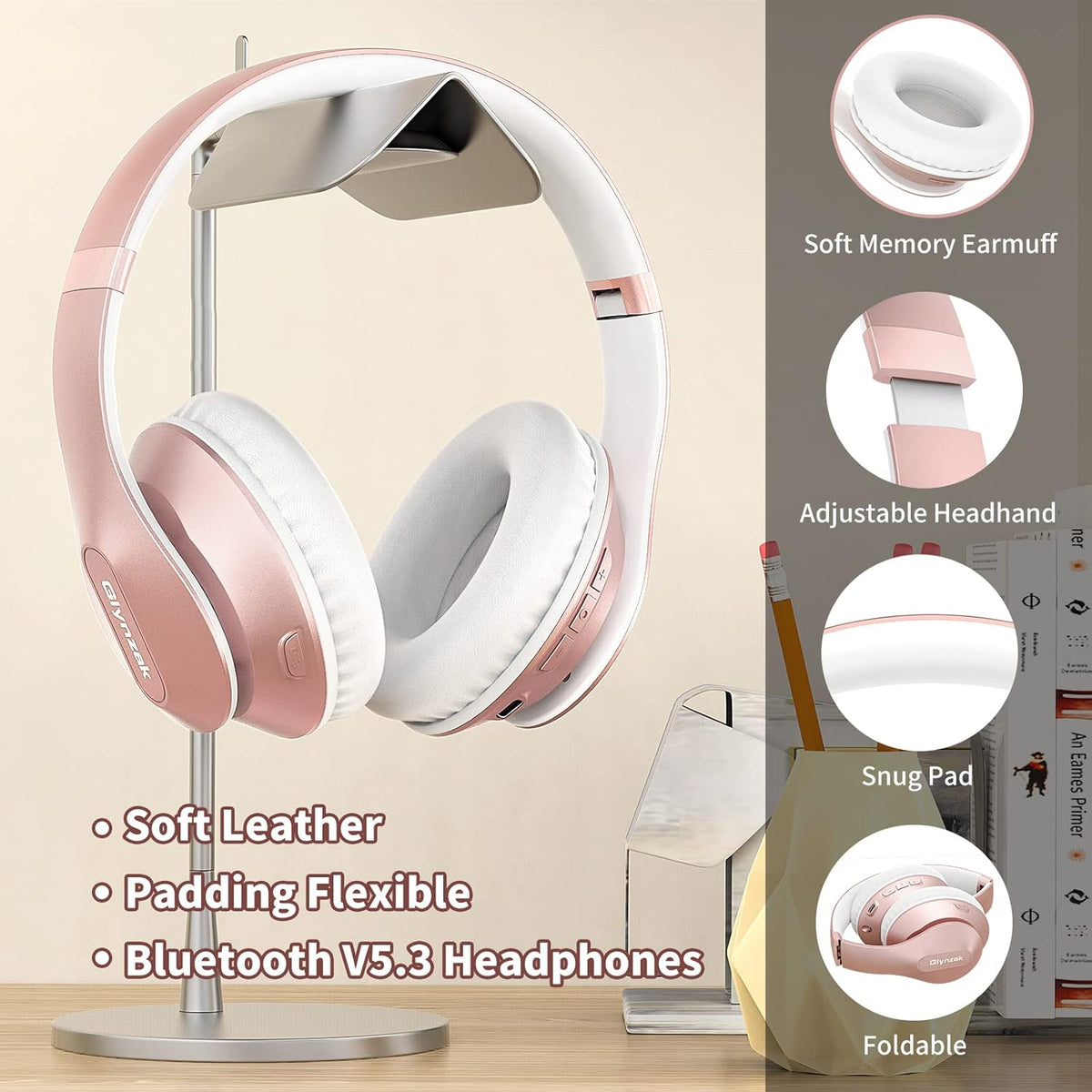 Wireless Bluetooth Headphones Over Ear 65H Playtime HiFi Stereo Headset with Microphone and 6EQ Modes Foldable Bluetooth V5.3 Headphones for Travel Smartphone Computer Laptop Rose Gold
