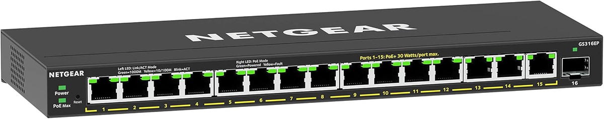 NETGEAR 16-Port PoE Gigabit Ethernet Easy Smart Managed Essentials Switch (GS316EP) - Managed, with 15 x PoE+ @ 180W, 1 x 1G SFP Port, Desktop or Wall Mount