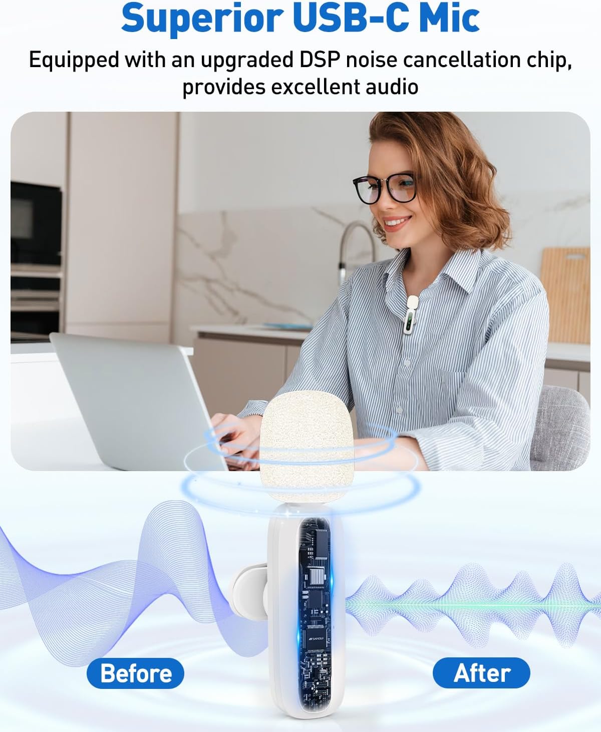 USB C Lavalier Microphone Wireless Mini Mic for Type-C Android Phone/Tablet/PC Video Recording Clip-on Mics with Rotatable Clip&Denoise Recording, Ideal for Vlog Tiktok YouTube Content Creator, White