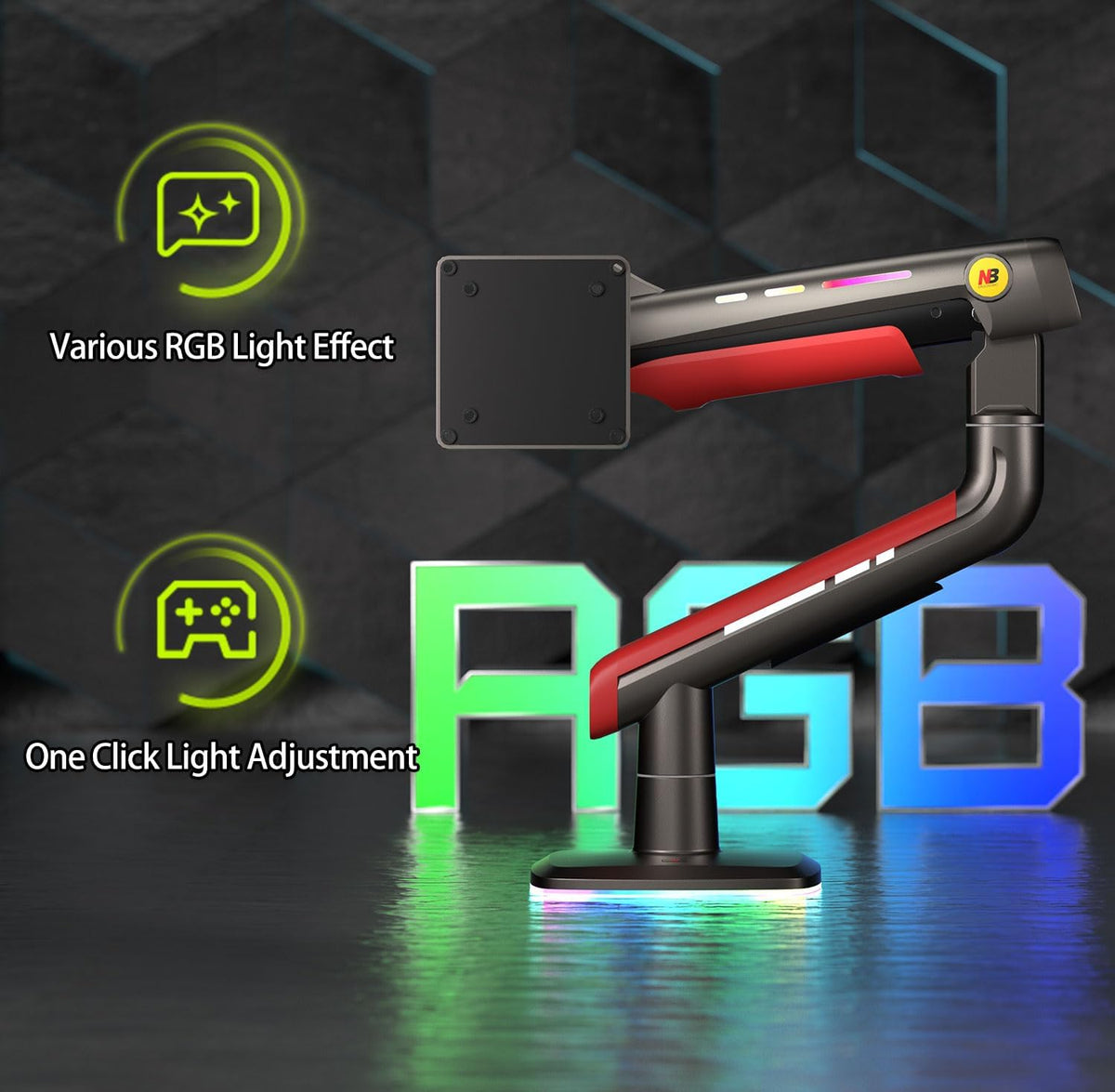 RGB Gaming Monitor-Arm for Flat/Ultrawide/Curved Monitors 32 to 60 inch, Heavy Duty Stand Load up to 20 kg, VESA 75/100 mm Monitor-Mount L50