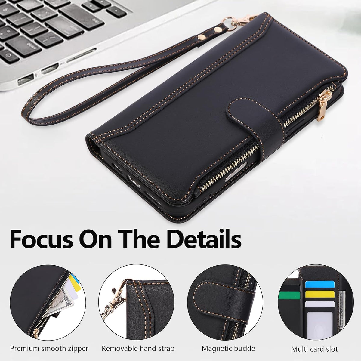 Compatible with iPhone 15 Pro Wallet Phone Case-PU Leather Magnetic Flip Cover with Credit Card Slots,Zipper Pocket & Detachable Wrist Strap,Shockproof Design,for Women and Men-Black