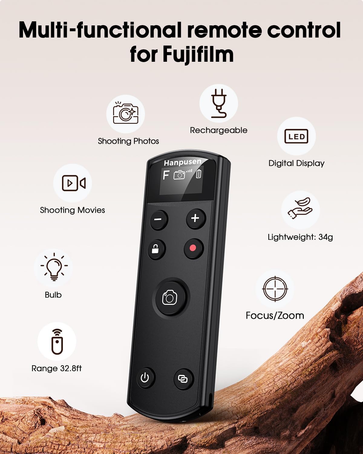 for Fujifilm Camera Remote Control, Hanpusen Rechargeable Wireless Shutter Release with OLED Screen for Fujifilm X100 VI/X-M5/X-T30 II/X-E5/X-T5/X half/X-H2S/X-T30/X-T4/X-T3/X-S20/X-S10/X-T50/X-H2