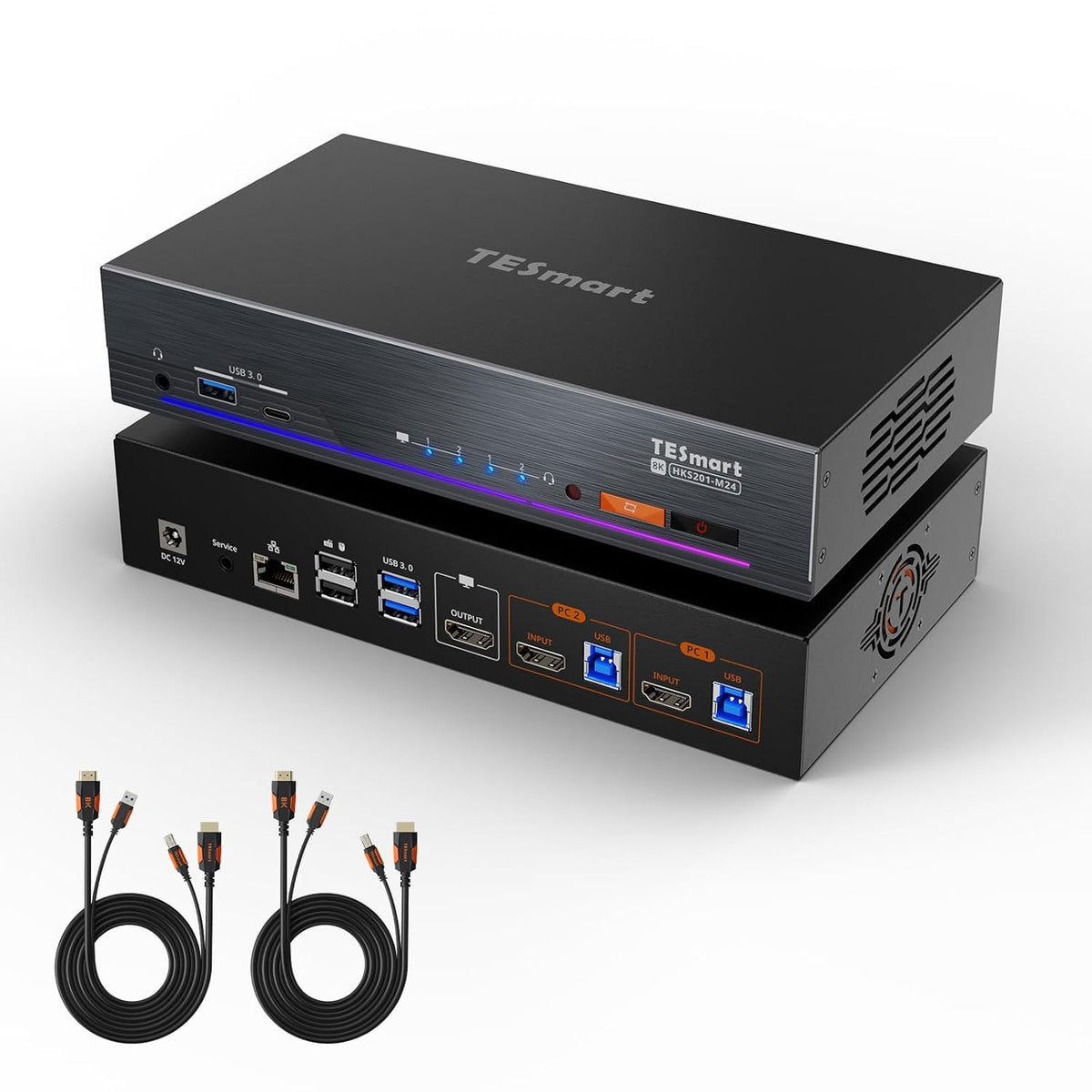 TESmart 8K@60Hz HDMI KVM Switch 2 Computers 1 Monitor, USB 3.0 HDMI KVM Switch 2 Ports 4K@144Hz, Support EDID, Gigabit Network, Hotkey Switch, Audio & Mic with All Input Cables