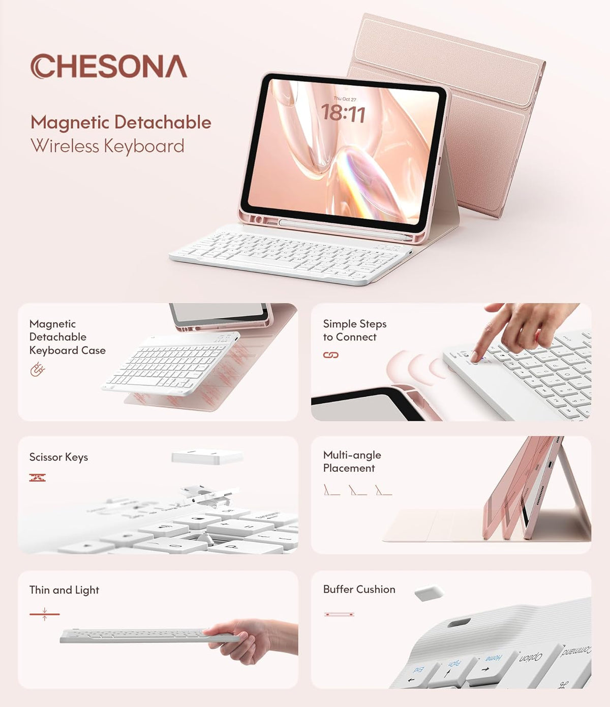 CHESONA Keyboard Case for iPad (A16) 11th/10th Generation (2025/2022), Detachable Wireless Keyboard, Stand Folio Keyboard Cover with Pencil Holder, Thin & Light (Pink)