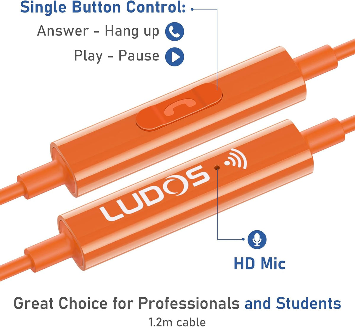 LUDOS OMNITONE Wired Earbuds in-Ear Headphones, 5 Years Warranty, Earphones with Microphone, 3.5 mm Jack Corded Ear Buds, Videoconference for iPhone, Samsung, Laptop, Kids, School Students - Orange