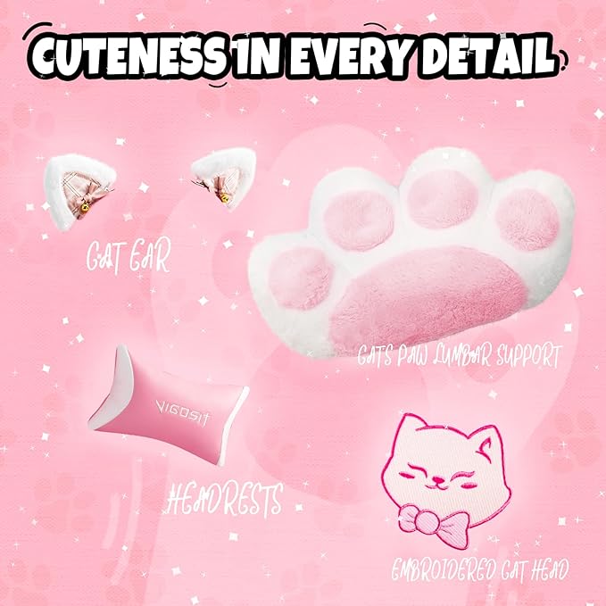 Pink Cute Cat Gaming Chair with Paw Lumbar Cushion Ergonomic High-Back Gamer Chair for Boys and Girls Adjustable PC Video Game Chair for Bedroom Study Home Office
