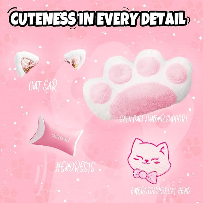 Pink Cat Gaming Chair with Footrest Ergonomic Cute Gamer Chair with Cat Ears Comfortable Desk Computer Chair for Girls Adults
