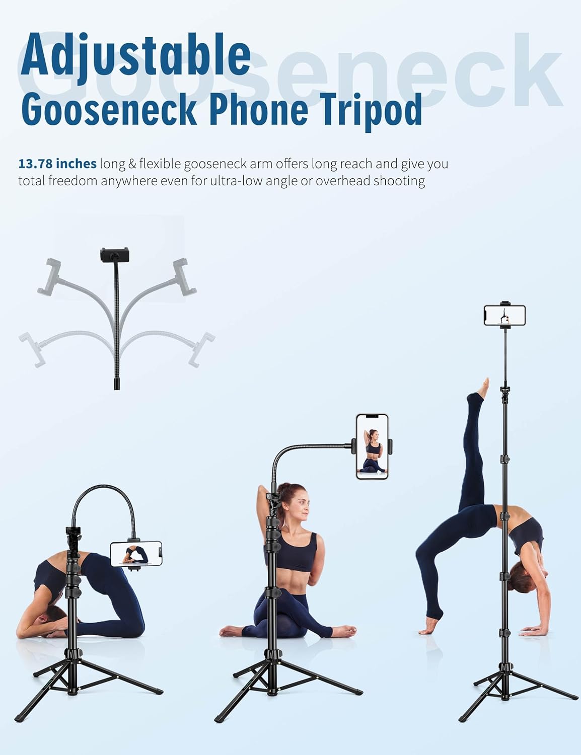 Phone Tripod, 85" Tripod for Cell Phone iPhone with Gooseneck, Aluminum Tripods Stand for Video Recording Photo Vlog, Travel Cellphone Tripod with Remote Compatible with iPhone Android
