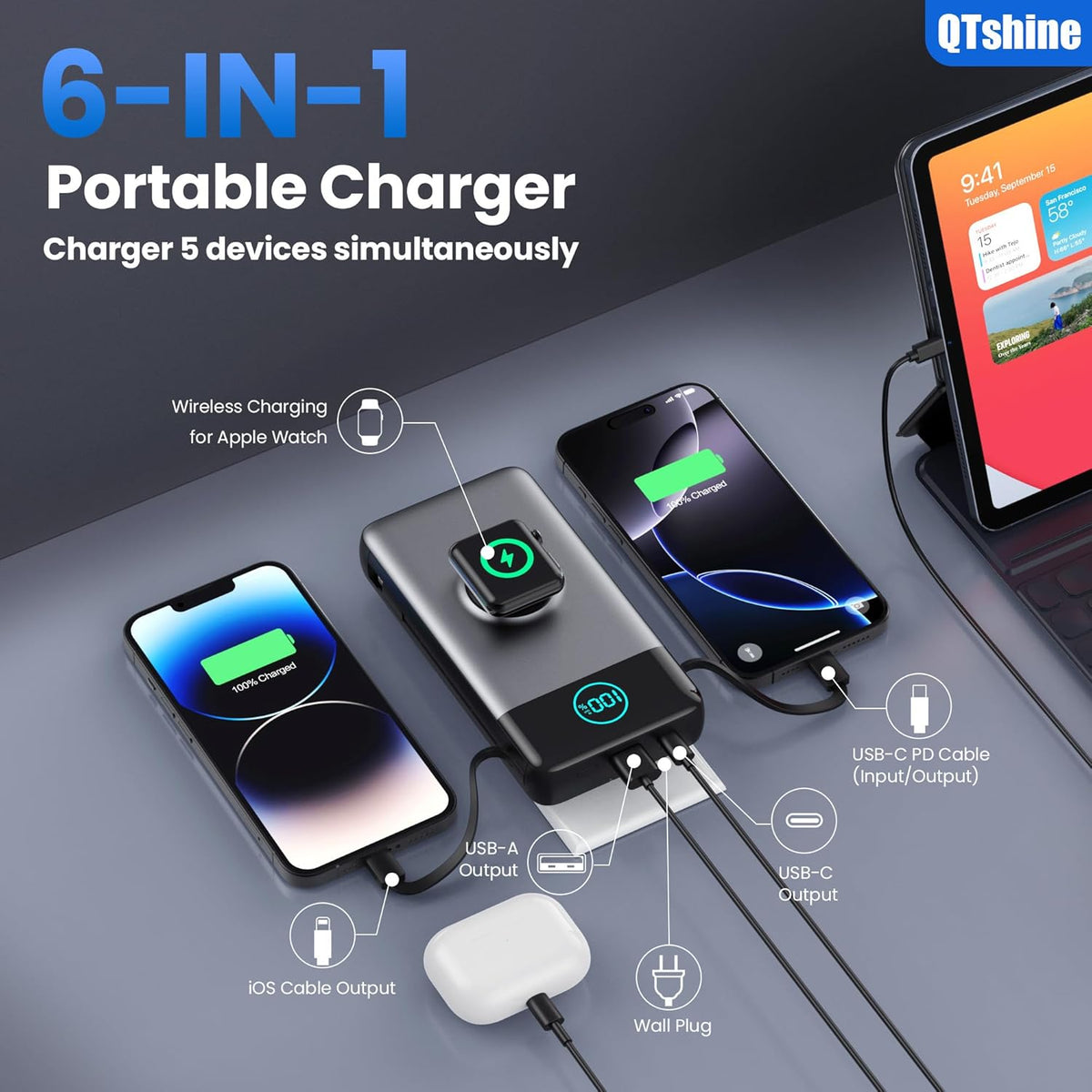 Portable Charger 40800mAh Power Bank with Built-in Cables,Wall Plug and iWatch Charger,6-IN-1 QC4.0+25W PD USB C Fast Phone Charging,LCD Display Battery Pack for iPhone 16/15/14,Apple Watch,Galaxy etc
