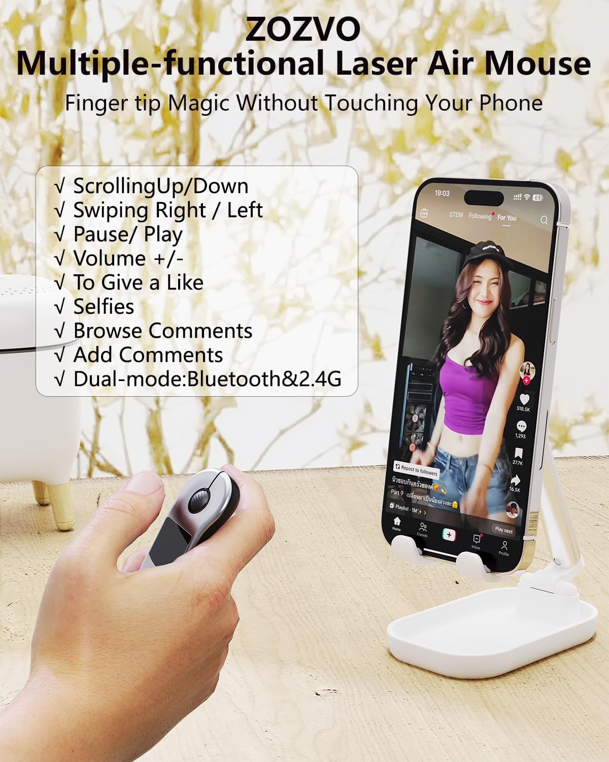 Rechargeable Air Mouse for PC/iOS/Android with Touchpad Wireless PPT Presenter with Bluetooth 2.4G, Works with PowerPoint/Keynote/TikTok/Camera/Kindle App (Silver)