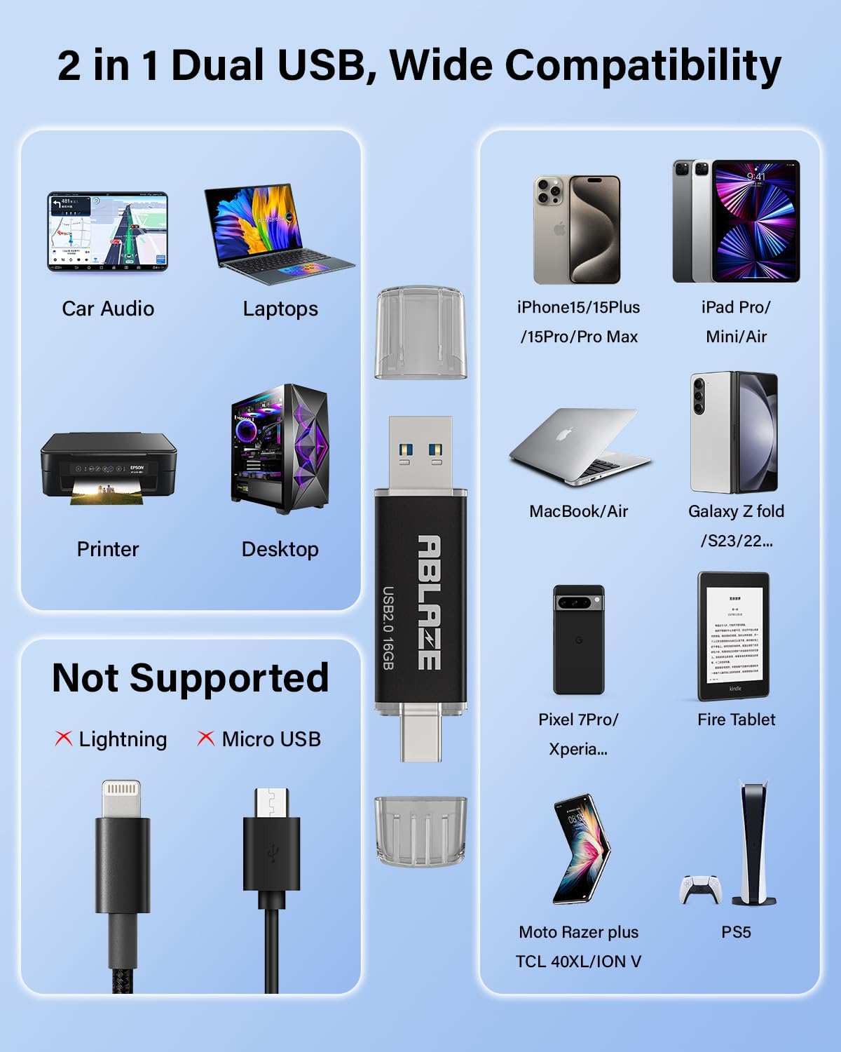 ABLAZE 16GB Type C Flash Drive 10 Pack, Dual USB 2.0+USB C Memory Stick Thumb Drive Compatible with iPhone 16/15, Android Smartphone, Computers, Tablets, Mac,iPad,PC