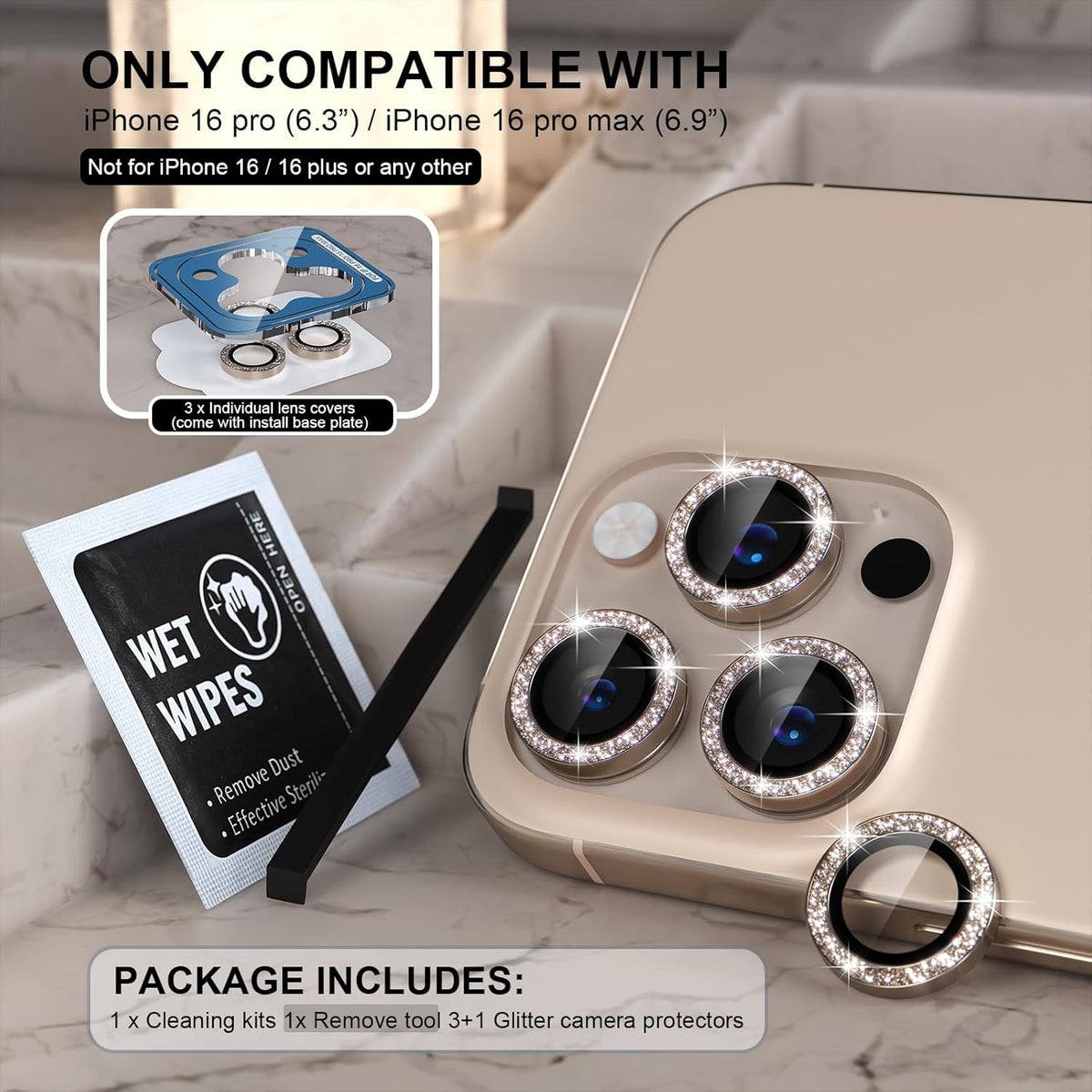 Choiche Compatible for iPhone 16 Pro/iPhone 16 Pro Max Camera Lens Protector Bling, 9H Tempered Glass Camera Cover Screen Protector Metal Ring Decoration Accessories(Glitter-Titanium Desert)