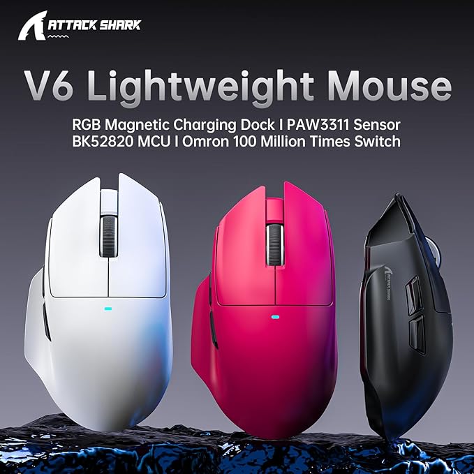 ATTACK SHARK V6 Wireless Gaming Mouse with RGB Charging Dock 25K DPI PAW3311 Sensor 1K Polling Tri-Mode Ergonomic PC Mice 5 Programmable Bottons Cloud-Based AI Driver for Win/MacWhite