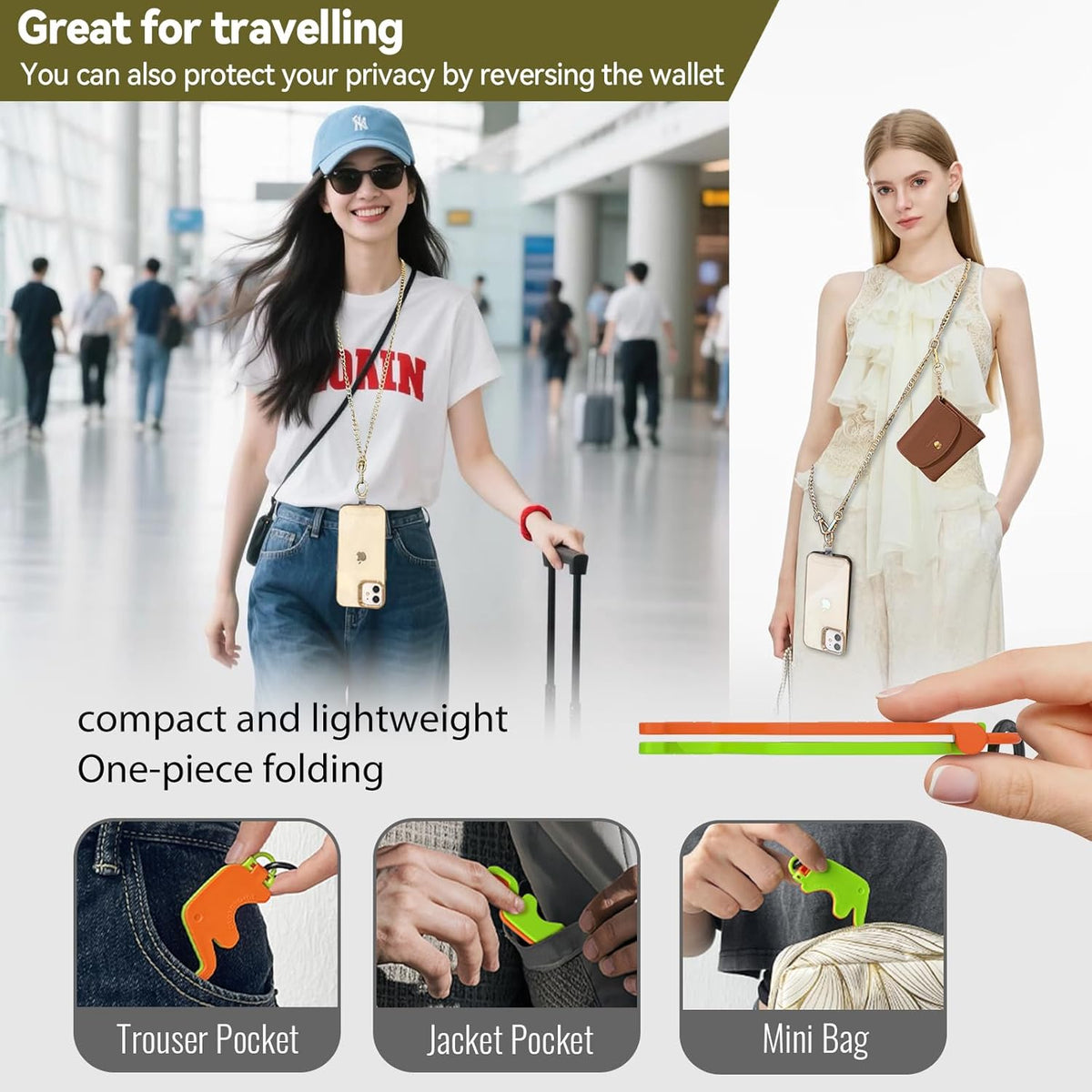 Clip and Go Strap for Phone with Wallet Metal Gold Chain Crossbody Phone Lanyard for Women Adjustable Detachable Wristlet Charm Small Purse Leather Card Holder Zipper with iPhone Stand 2 Patches Brown
