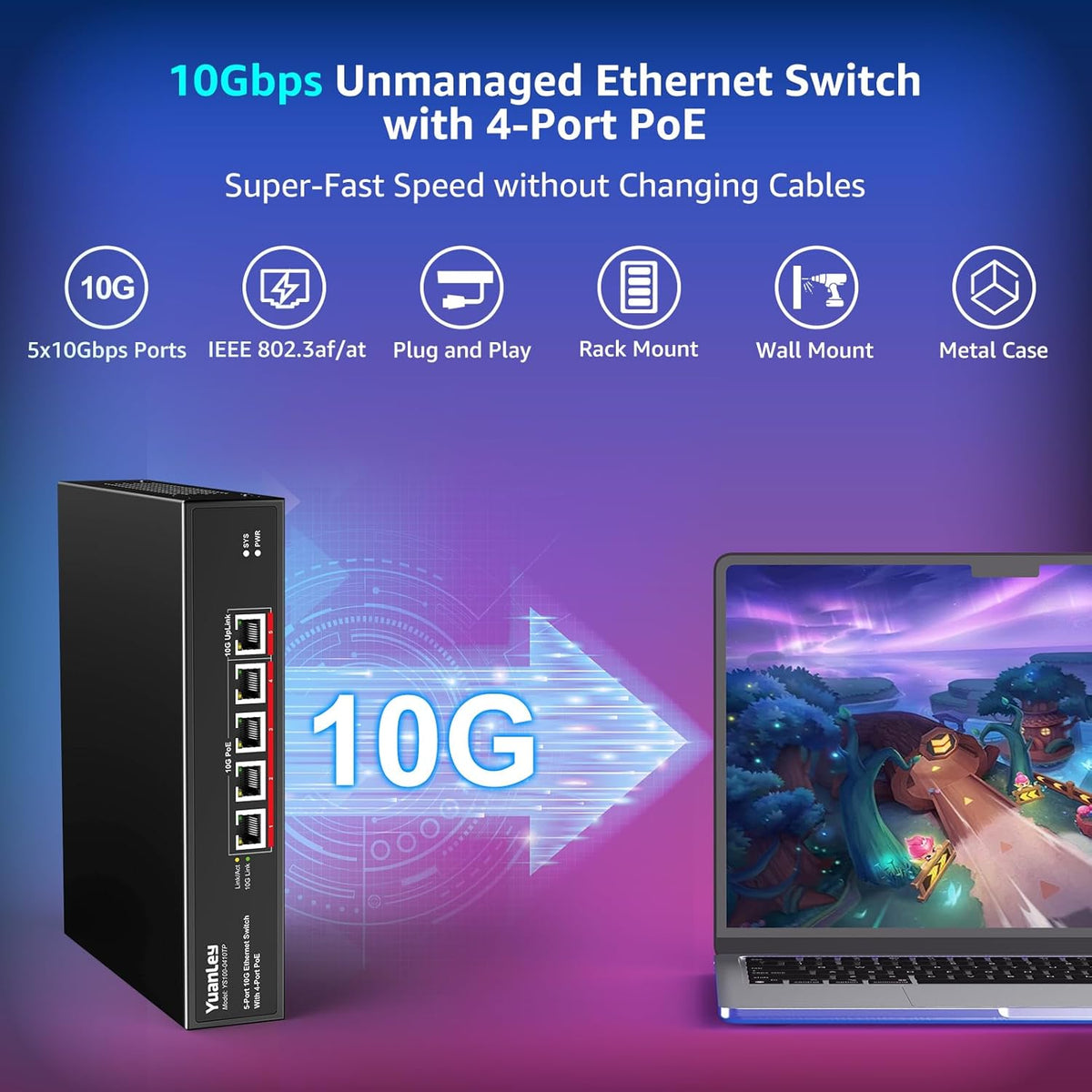 YuanLey 5-Port 10G PoE Switch Unmanaged with 4-Port PoE, 4 x 10G Base-T RJ45 Ports, 1 x UpLink, IEEE802.3af/at, 65W Built-in Power, Compatible with 1G/2.5G/5G/10G, Rackmount 10Gbe Network Switch
