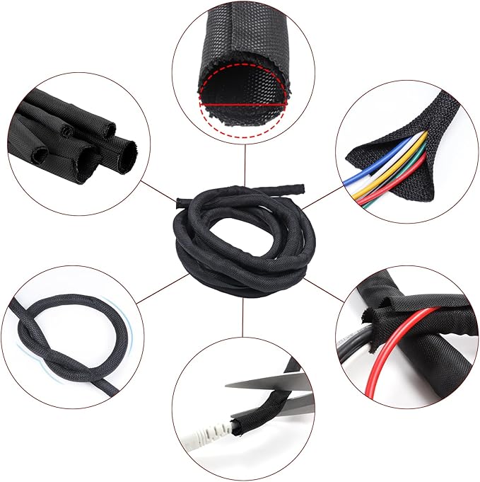 BuyUneed Black Split Braided Cable Management Sleeves 3/4inch -12Feet
