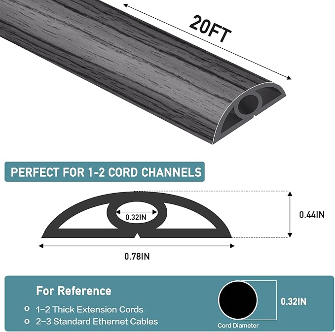 Floor Cord Cover Self Adhesive Cord Hider Floor Extension Cord Covers for Floor Power Cord Protector Cable Management Prevent Cable Trips Cable Cavity 0.32" W x 0.32" H (Deep Grey Wood, 20Ft)