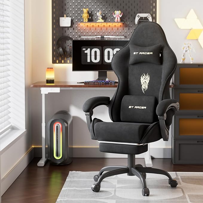 Ferghana Velvet Fabric Gaming Chair Ergonomic Gamer Chair for Adult Comfortable Video Game Chair with Footrest and Massage Lumbar Cushion Racing Reclining Office Home Computer Desk Chair Black