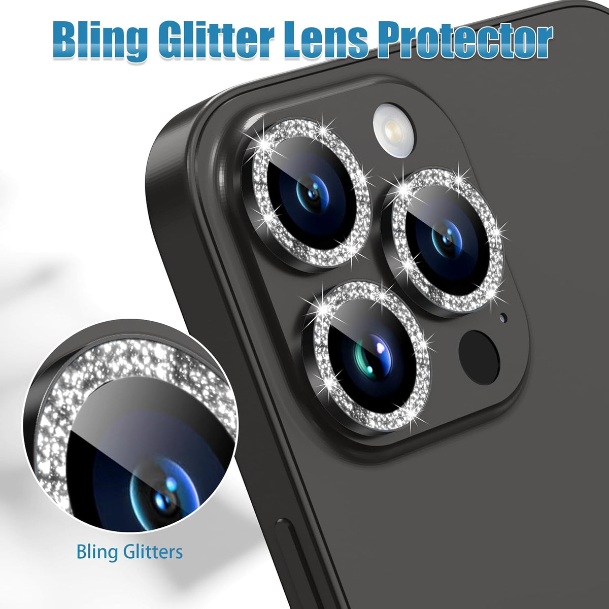 AGVEE 3+3 6 Pack for iPhone 15 Pro 6.1" / 15 Pro Max 6.7" Camera Lens Protector, Bling Diamond & Bling Glitter Metal Ring 9H Tempered HD Glass Camera Protector Cover Film, Bling-Black