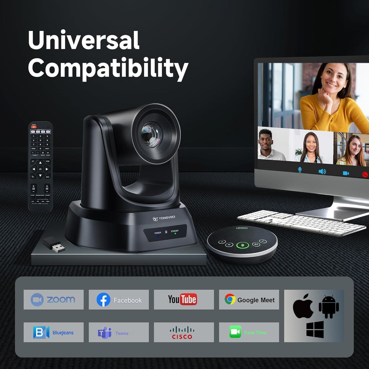 Wireless Conference Room Webcam, Church Live Streaming 20X USB 1080P 60fps PTZ Camera for Worship Services Online Conference, Works with Zoom, Skype OBS Easy to Set Up