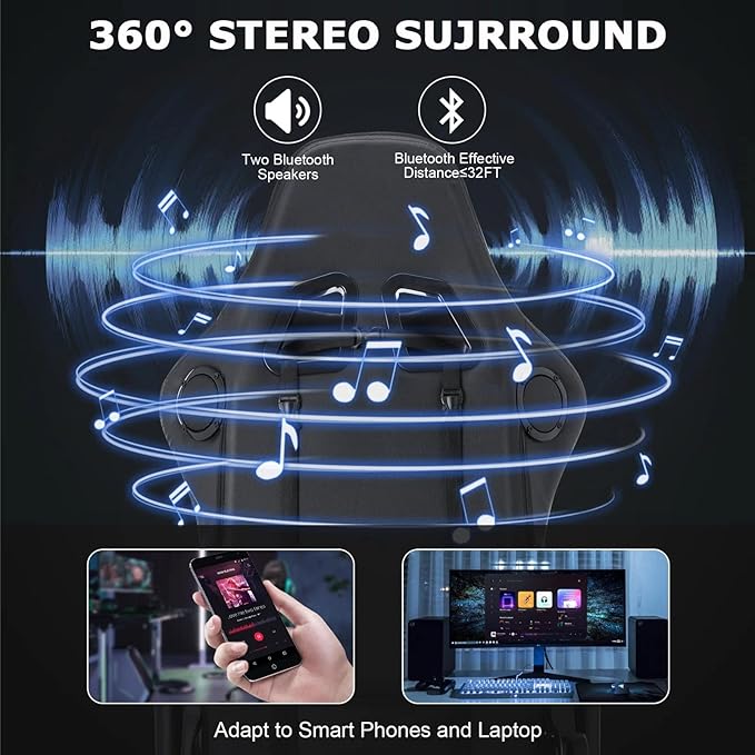 RGB Gaming Chair with Speakers Ergonomic Massage Computer Chair with Footrest Lumbar Support Headrest PU Leather 360°Swivel Recliner Chair High Back Video Game Chair for Adult TeensWhite