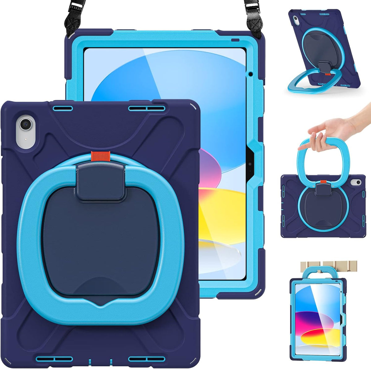 BRAECN Case for iPad (A16) 11th/10th Generation 11”/10.9'' 2025/2022, Heavy Duty Shockproof Cover with Pencil Holder/Screen Protector/Rotating Handle Grip/Stable Kickstand/Shoulder Strap, Navy Blue