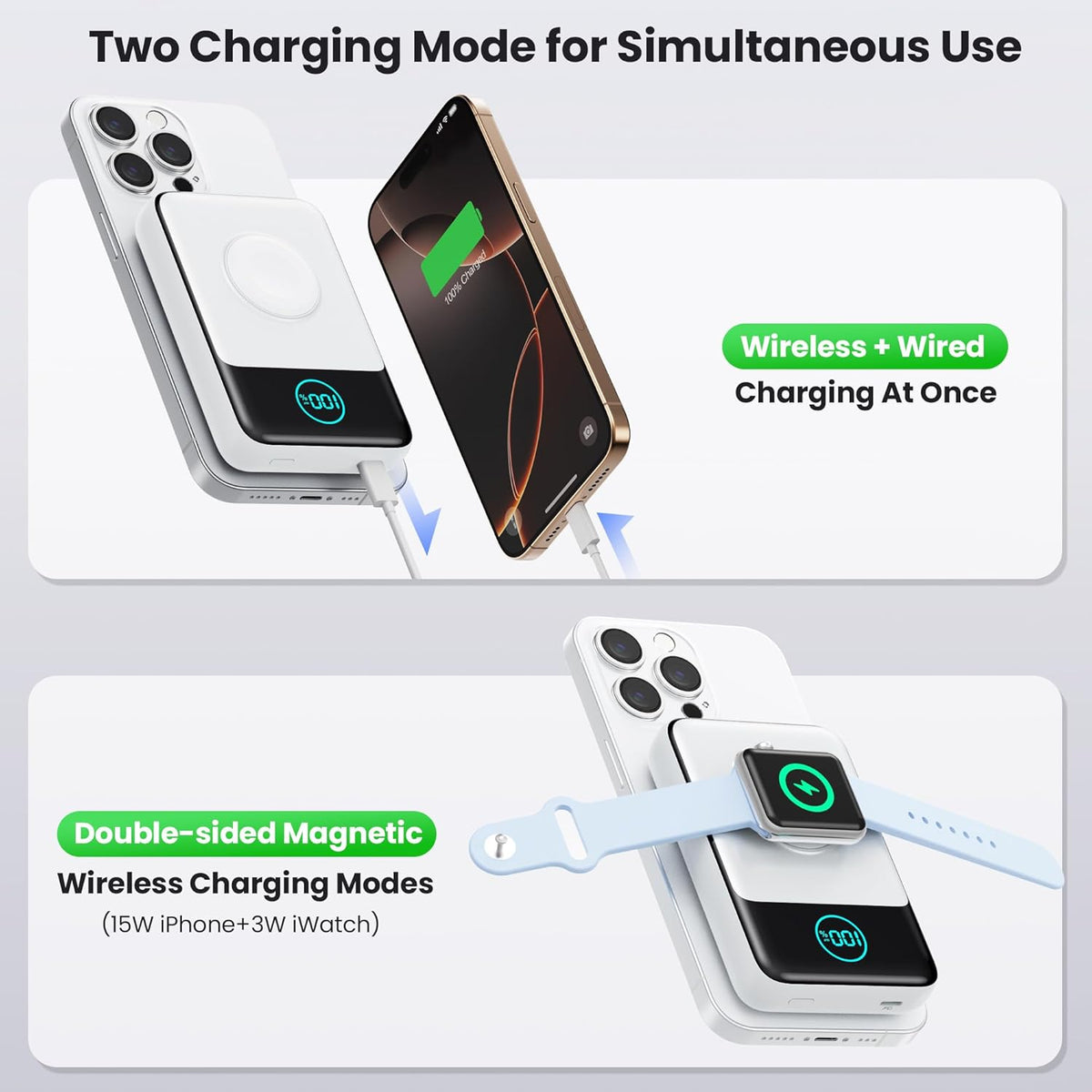 Magnetic Portable Charger for iPhone, 3-in-1 10800mAh Qi2 15W Wireless Power Bank with iWatch Charger,30W PD Fast Charging USB-C LCD Display Battery Pack for Magsafe,iPhone 16/15/14/13/12, Apple Watch