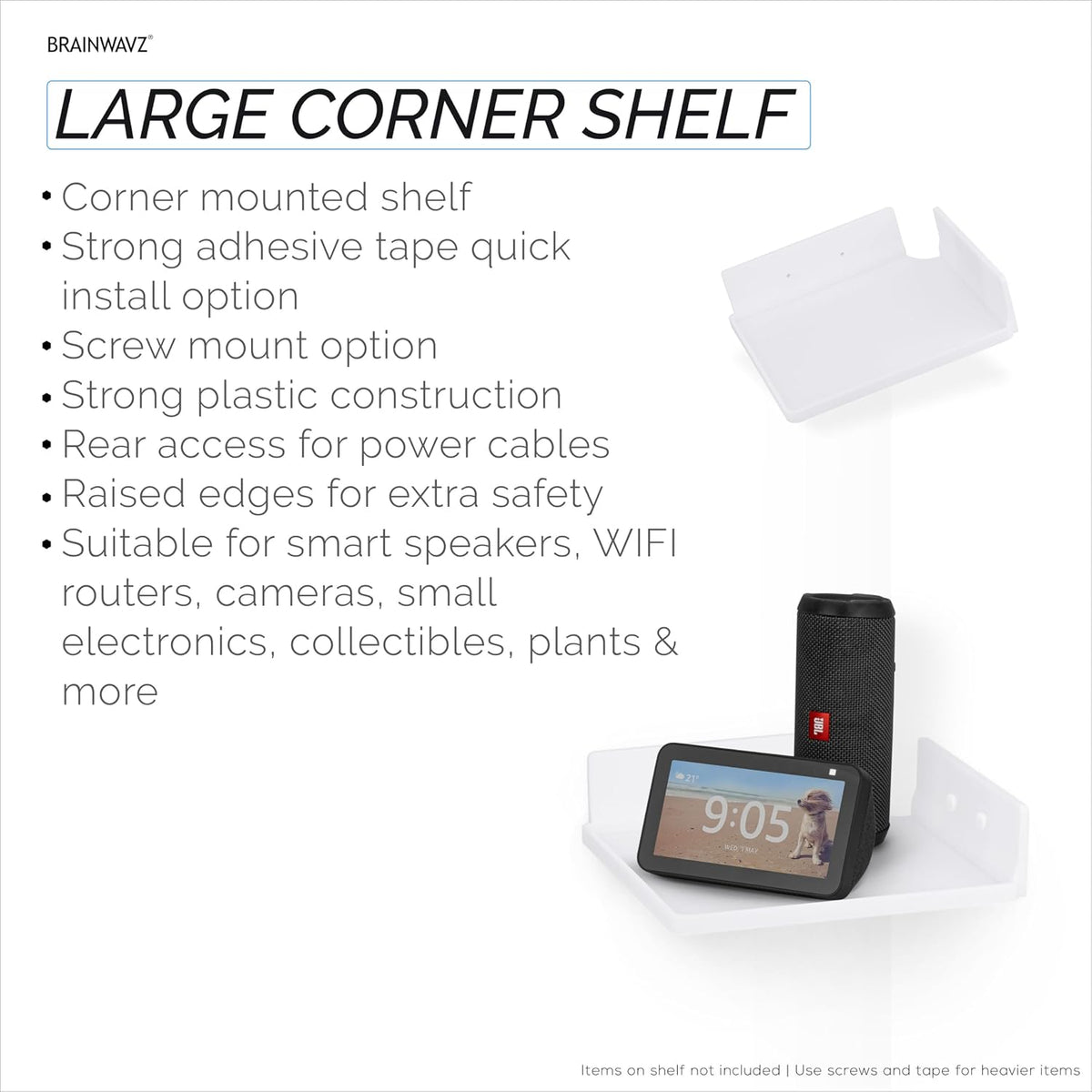 9" Small Corner Shelf Mount, Adhesive & Screw in, for Speakers, Cameras, Baby Monitors, Plants, Books Electronics