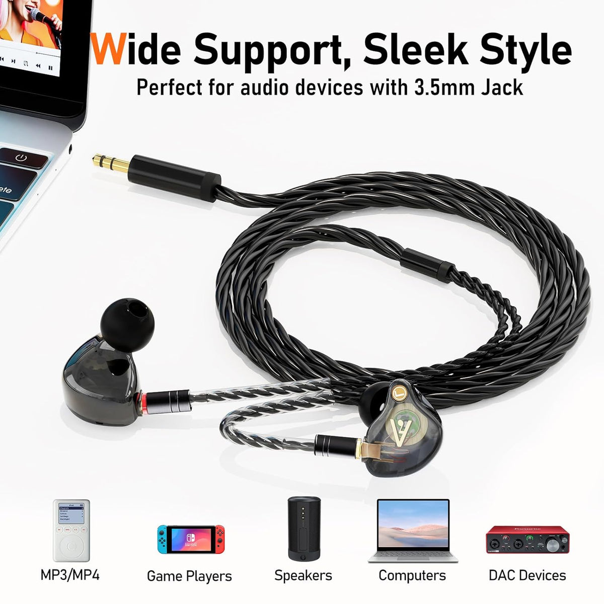 Premium HiFi IEM Cable - Silver-Plated 3.5mm to MMCX Cord, Lossless-Sound in-Ear Monitor Cables for Vibes 201/202, Shure SE215/315/425/535/846-Black (HC001)
