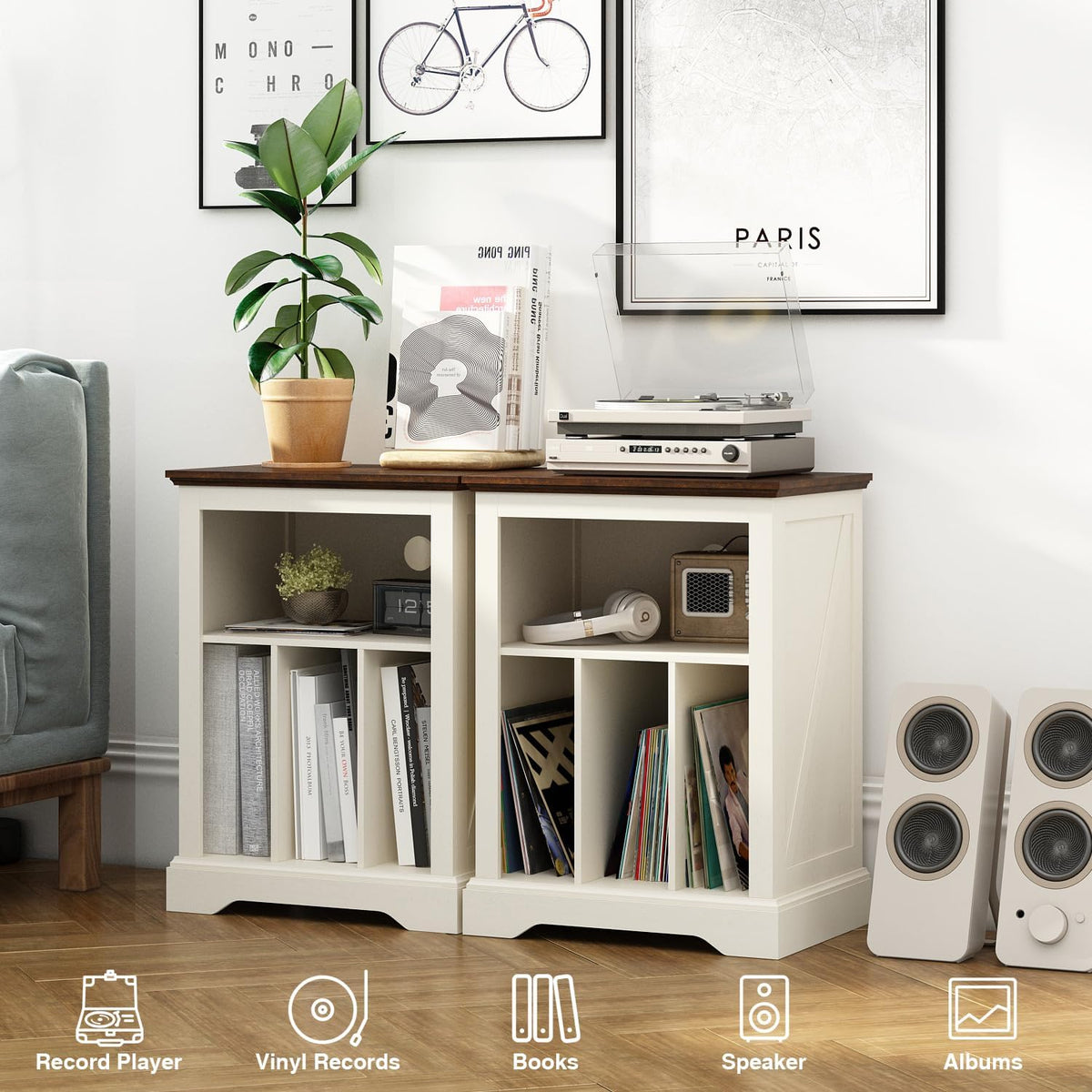 Farmhouse Record Player Stand, 3 Tier End Table, Turntable Stand with Vinyl Record Storage, Wood Record Holder Cabinet Dispaly Shelf for Living Room,Bedroom,Office,Antique White