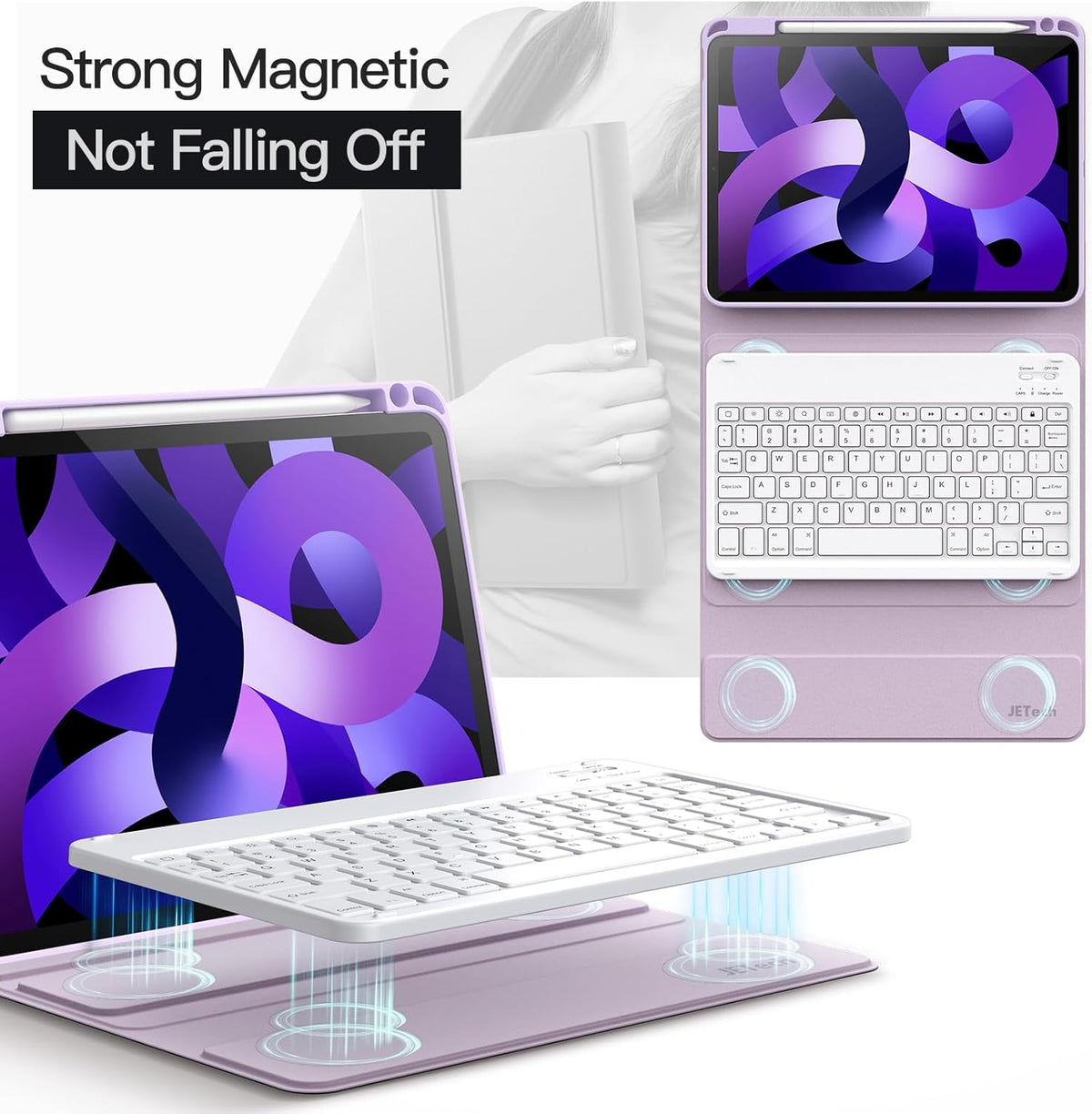 JETech Keyboard Case for iPad Air 11-Inch M3/M2 (2025/2024), iPad Air 5th/4th (10.9-Inch 2022/2020) with Pencil Holder, Magnetic Detachable Bluetooth Keyboard, TPU Back Stand Cover (Purple)