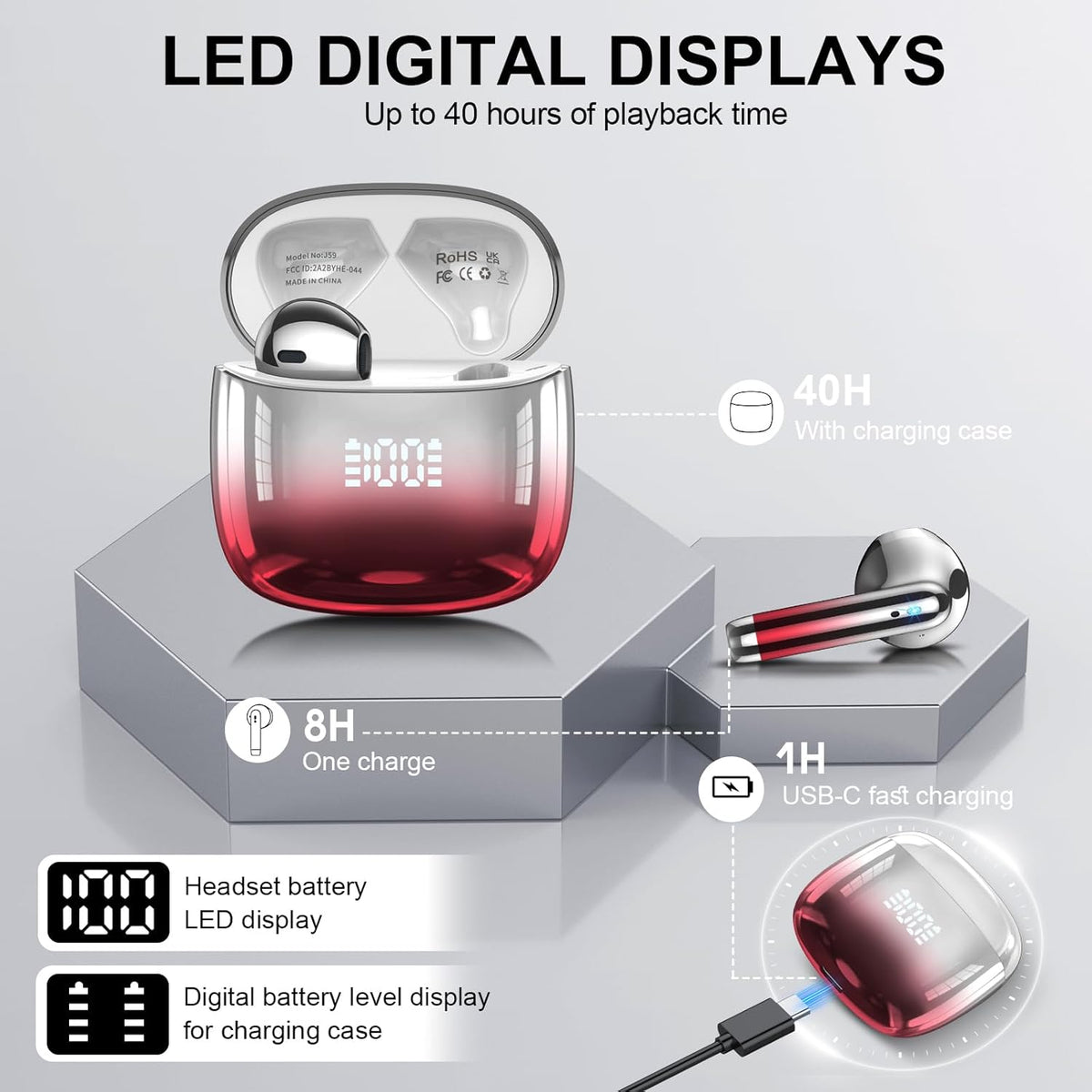 Wireless Earbuds, Bluetooth Headphones 48H Playtime Ear Buds with LED Power Display, IPX7 Waterproof Bluetooth 5.4 Earphones in-Ear Earbuds with 4 Mic for Android iOS Cell Phone Laptop, Red