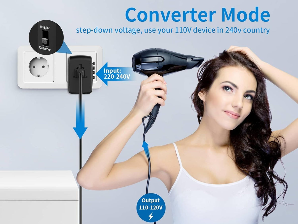 International Travel Adapter Voltage Converter to Step Down 230V to 120V for Hair straighteners, laptops, Cell Phones, Power converters from USA to UK, Europe, Australia Over 200 Countries