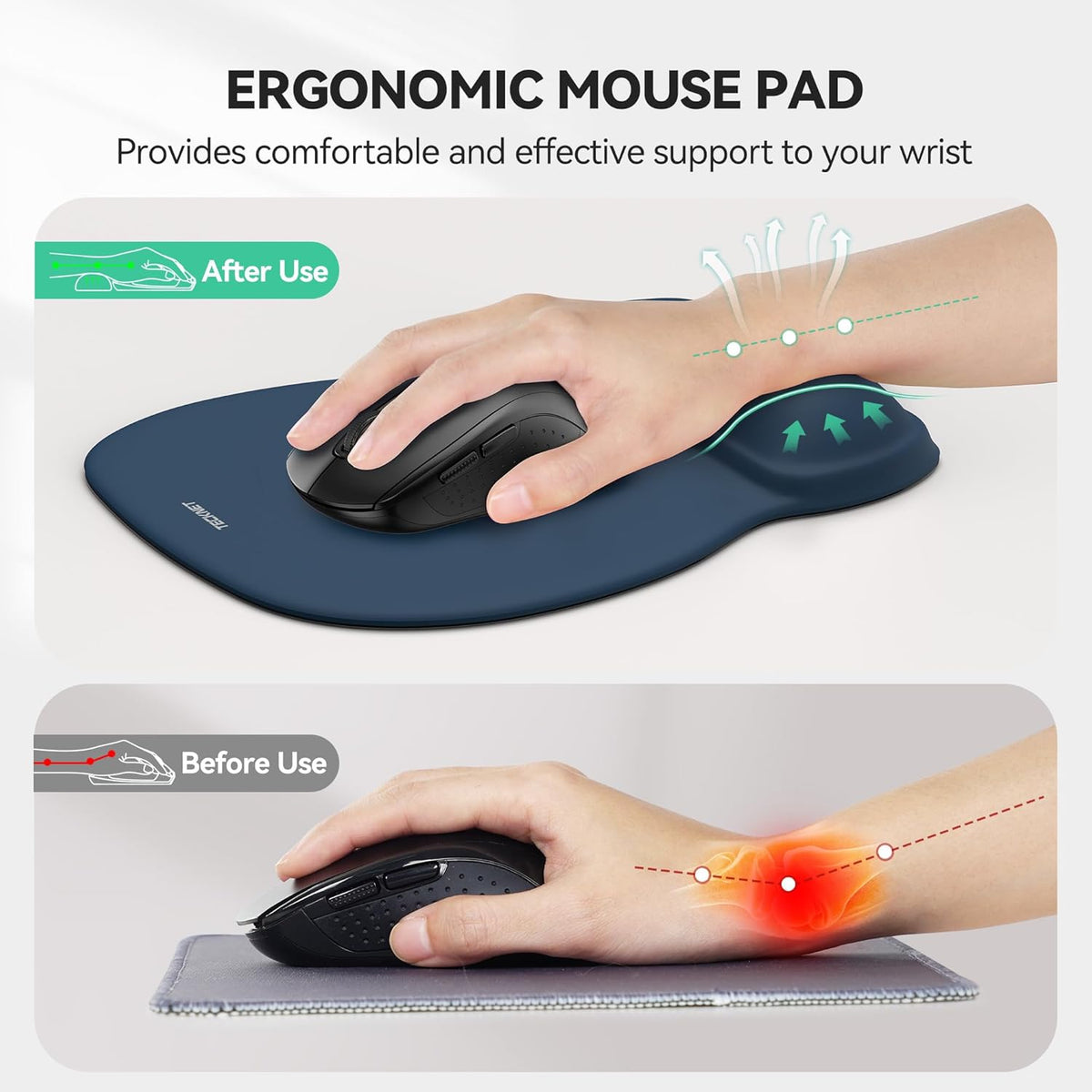 TECKNET Gel Mouse Pad with Wrist Rest, Ergonomic Office Mousepad with Wrist Support - Non-Slip & Smooth Surface Comfortable Desk Accessories Mat for Office, Gaming and Study - Navy
