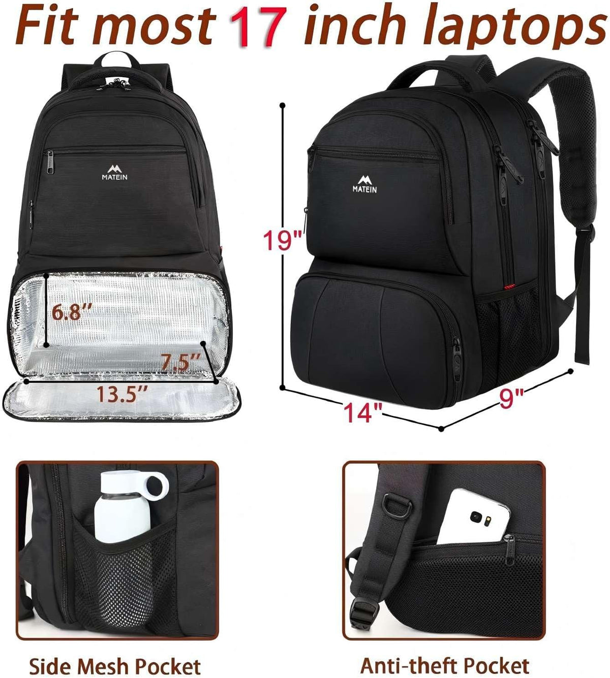 Backpack 17 Inch Backpack Pack Backpacks MATEIN Lunch for Men, Insulated Cooler with Lunch Compartment, Water Resistant