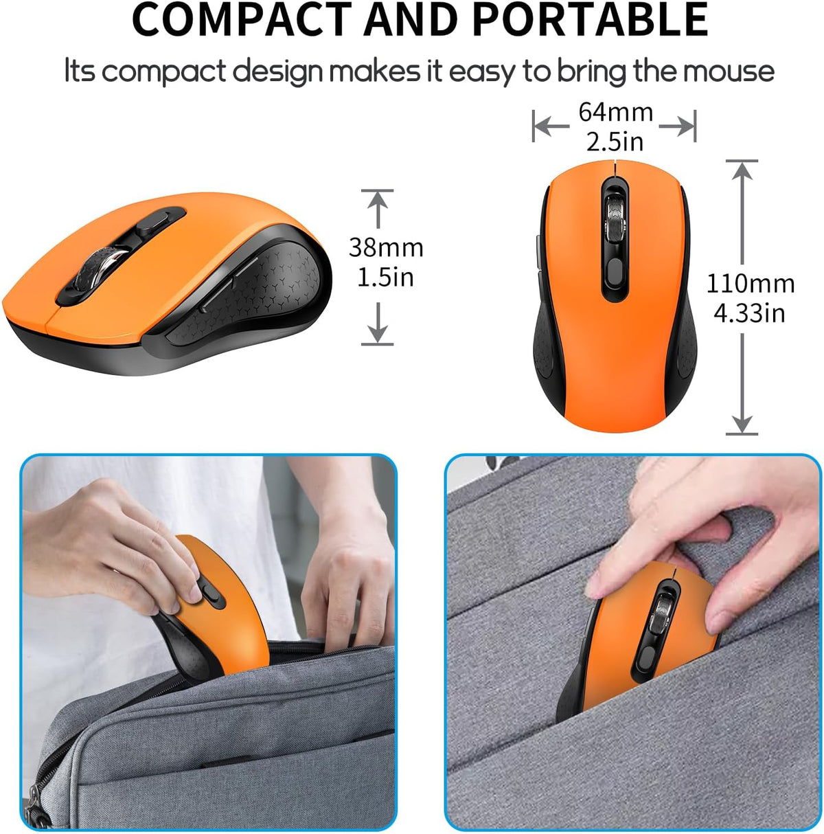 Wireless Mouse With Side Buttons Suitable for Laptops PC Chromebook Mac MacBook Silent Mouse with USB Nano Receiver 2400 DPI Anti Slip Scroll Wheel 6-Button Ergonomic Wireless Computer Mouse - Orange