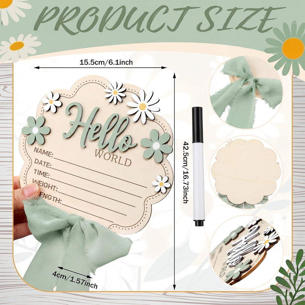 Amyhill Sage Green Bow Hello World Newborn Baby Sign Flower Baby Birth Announcement Sign with Pen Newborn Essentials