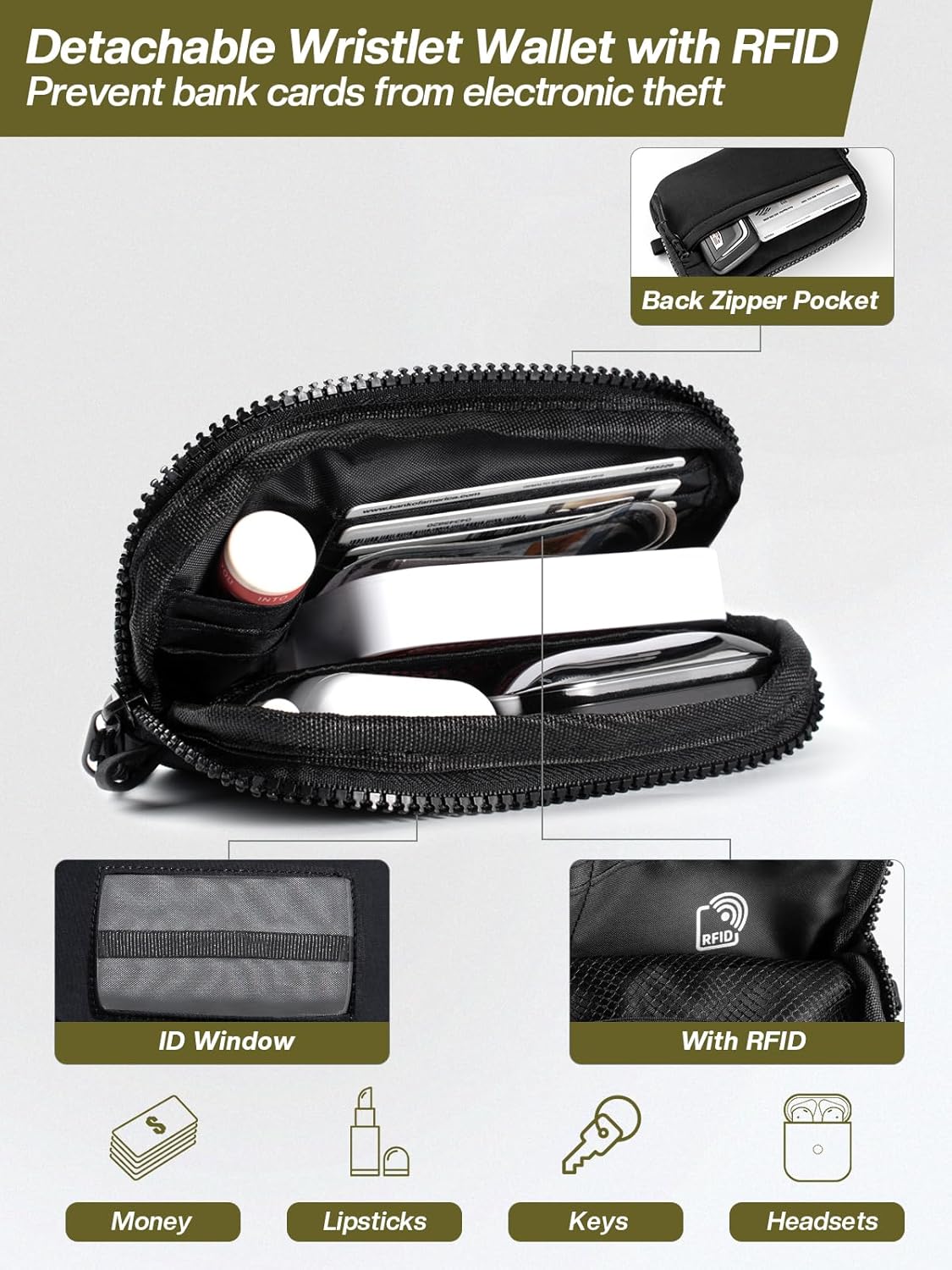 Clip and Go Strap for Phone with Wallet Crossbody Phone Lanyard Adjustable and Detachable RFID Wristlet Wallet with ID Window and Zipper, Black