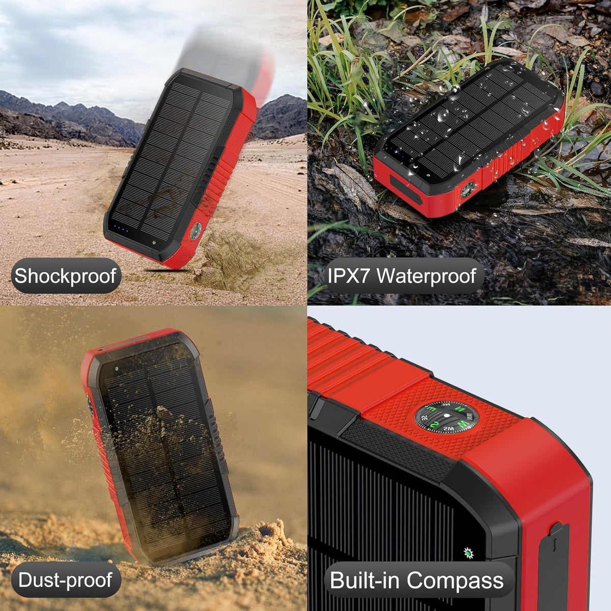 Solar Power Bank 66800mAh Built in Hand Crank and 4 Cables 22.5W Fast Charge,Camping Essentials/SOS/Strobe/Strong Flashlights,Compass Solar Portable Charger Power Bank (Red)