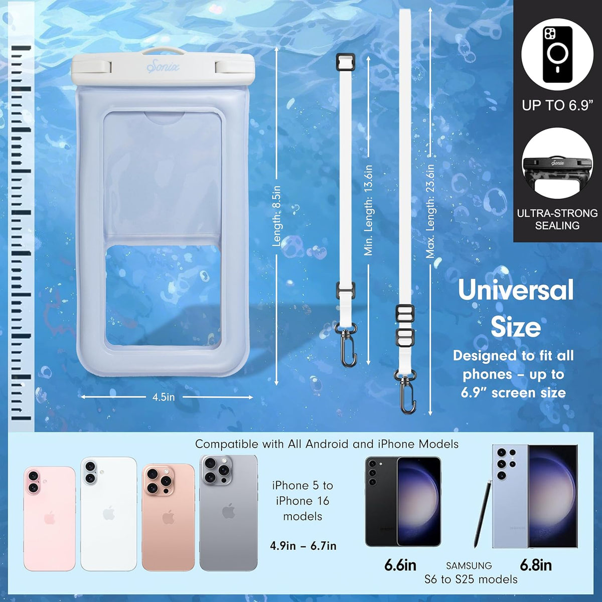 Sonix Waterproof Phone Pouch - Floating Phone Case Dry Bag w/Crossbody Lanyard - Beach Cruise Travel Essentials - Compatible w/All Devices, Touchscreen Friendly | Jelly Blue